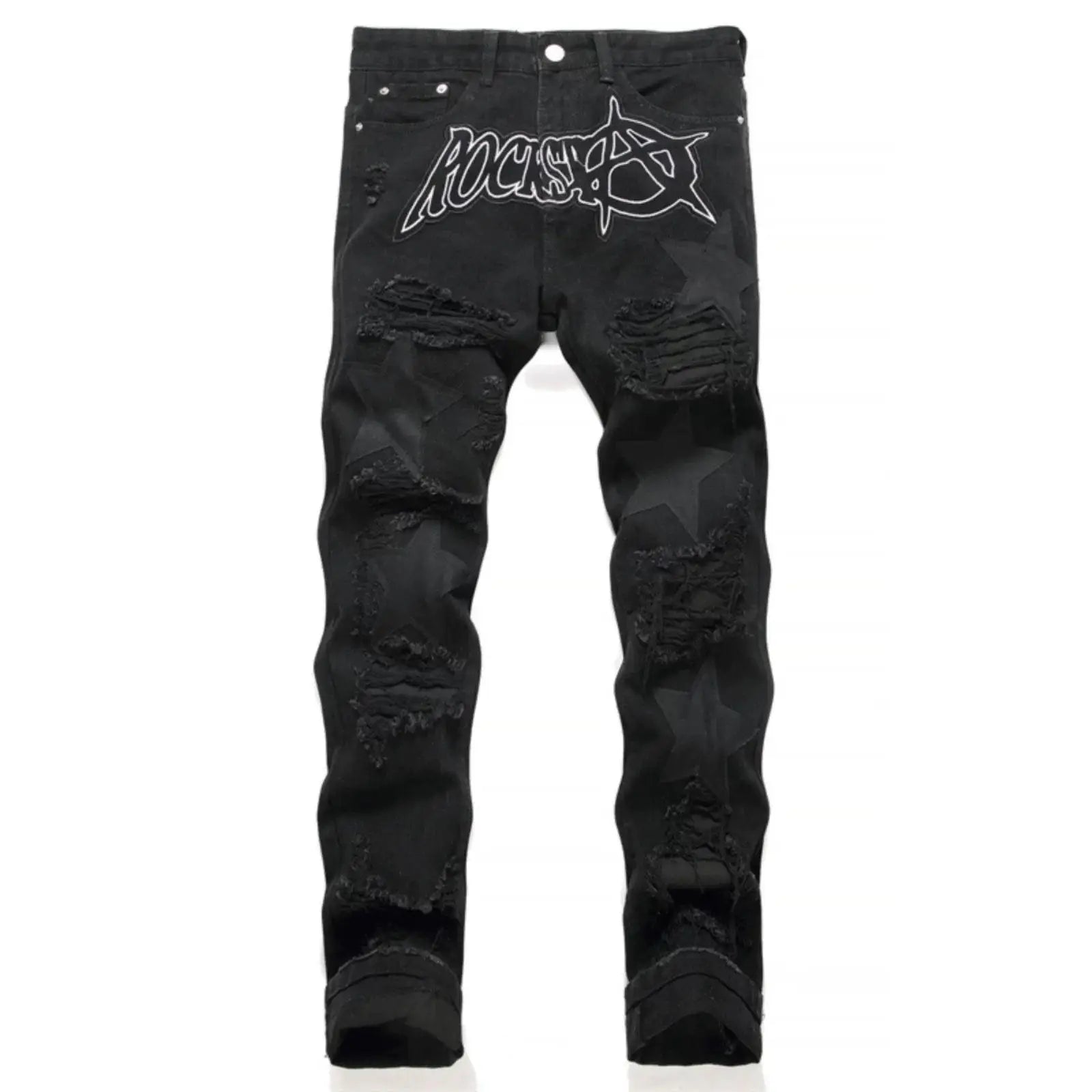 Punk Style Men's Slim Fit Straight Leg Denim Jeans Black Hole Patch Embroidery No Stretch Fashion Urban Casual Cotton Polyest...