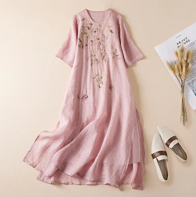 Summer New Hemp Dr Embroidered round Ne Five-Quarter Sve Fairy Beautiful Long Women's Dr New Chinese Sle