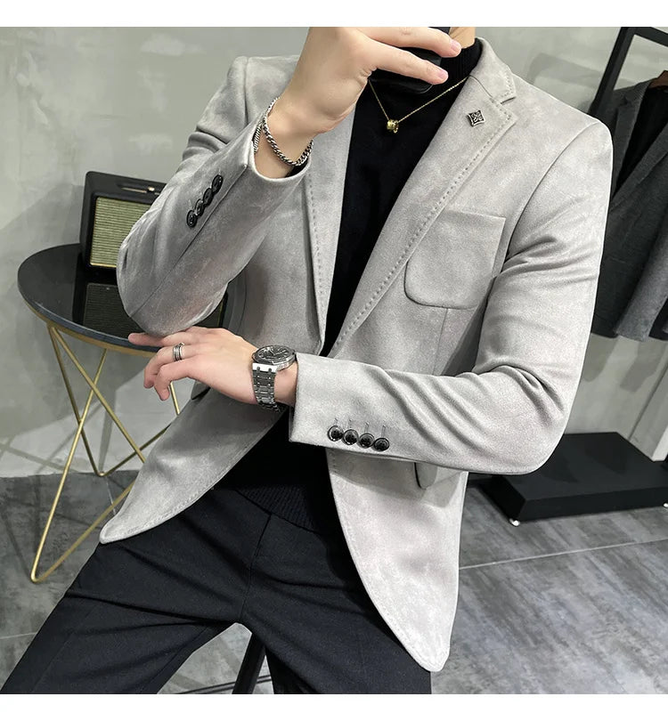 Plus Size 4XL-M Autumn Deerskin Velvet Jackets Blazer 6 Color Men Business Slim Blazers Hommes Casual Wedding Tuxedo Suit Coat