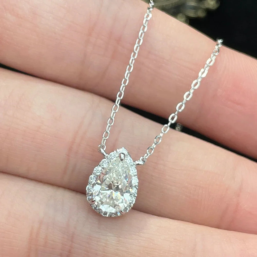 Certified 1/2 Carat Pear Cut Moissanite Pendant Necklaces 925 Sterling Silver Tear Drop Halo Diamond Neck Chain for Women