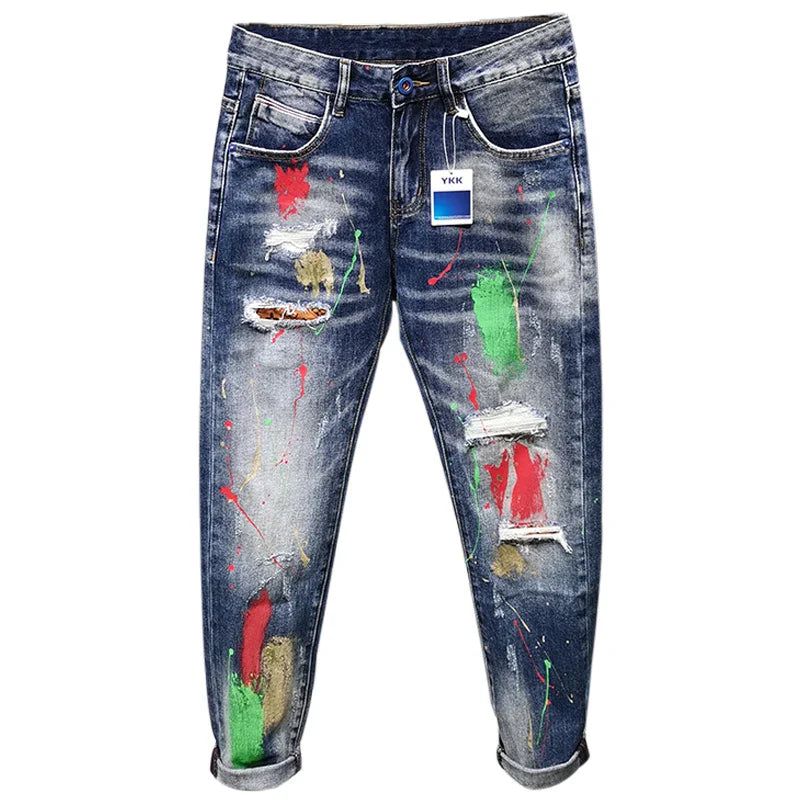 Men's Jeans Fashion Spray Paint Ripped Hole Personality Hip-hop Streetwear