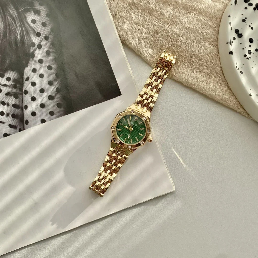 Women's Fashion Round Room Gold Steel Band Quartz Wristwatch Luxury Ladies Golden Watch for Women Clock Female Reloj