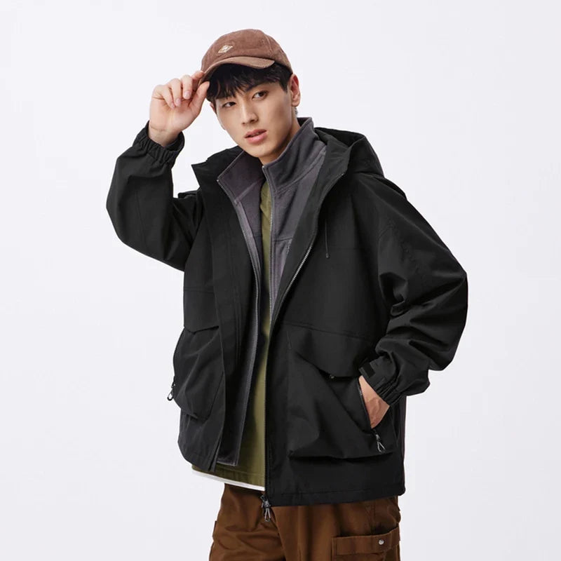 Three-proof Jacket Men Autumn Outdoor Color Block Hooded Windbreaker Large Pocket Workwear Trendy Coat