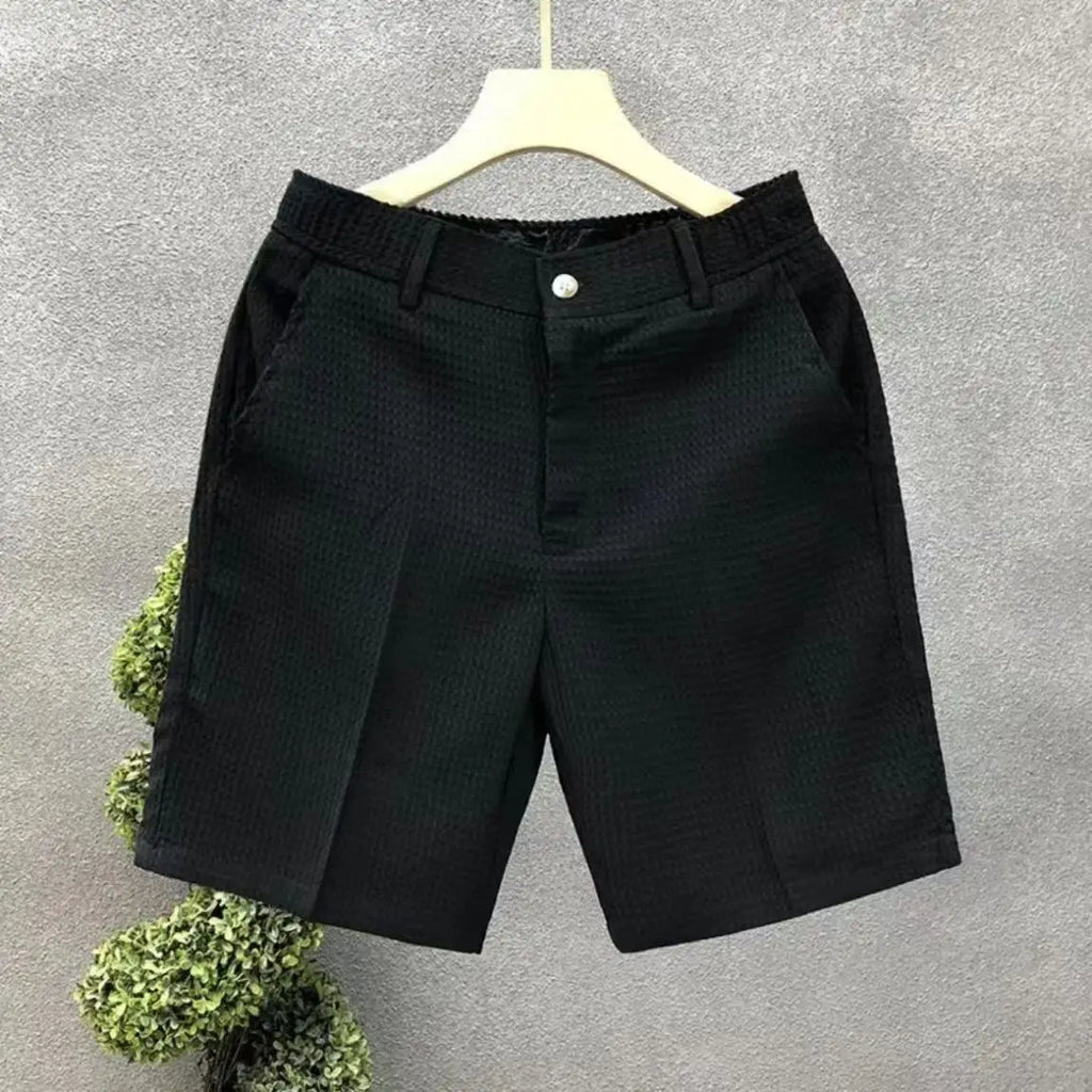 Men's Shorts Plaid Texture Solid Straight-leg Business Social Elastic Waist Button Short Pants Loose Knee Length Casual Short