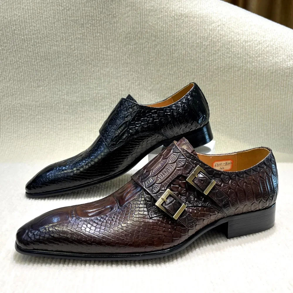 Men's Italian Genuine Leather Formal Oxford Shoes Python Crocodile Pattern Button Detailing for Office Party Wedding Footwear