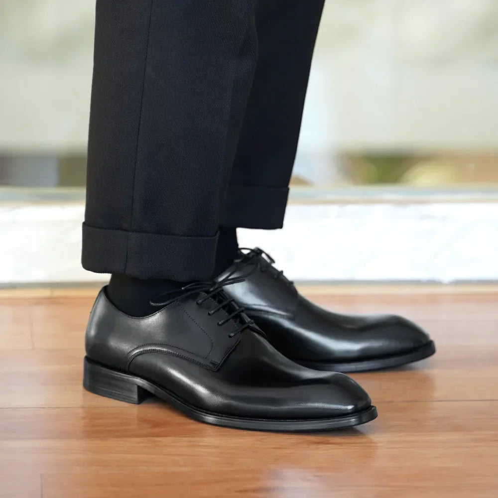 Italian Flat Mens Dress Shoes Luxury Genuine Leather Brand Handmade Quality Square Toe Laces Up New Business Party Social Shoes