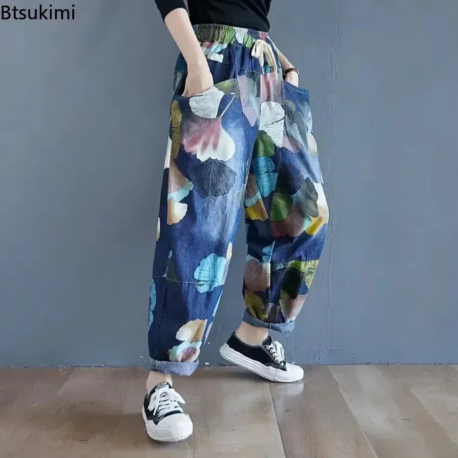 بنطلون جينز نسائي بطول الكاحل بتصميم عصري بنمط هاراجوكو بطبعة عتيقة كاجوال