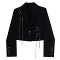 Women Punk Gothic Cropped Blazer with Metal Chain Tops Autumn Chic Patchwork Suit Office Lady Commute Short Jackt Streetwear