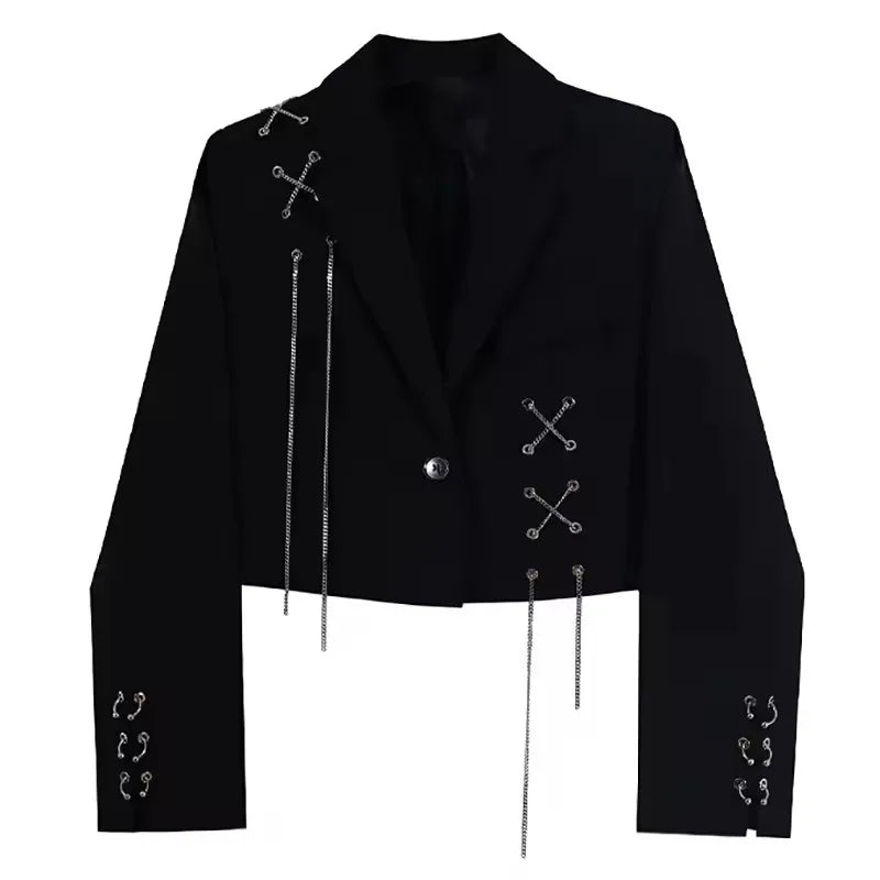 Women Punk Gothic Cropped Blazer with Metal Chain Tops Autumn Chic Patchwork Suit Office Lady Commute Short Jackt Streetwear