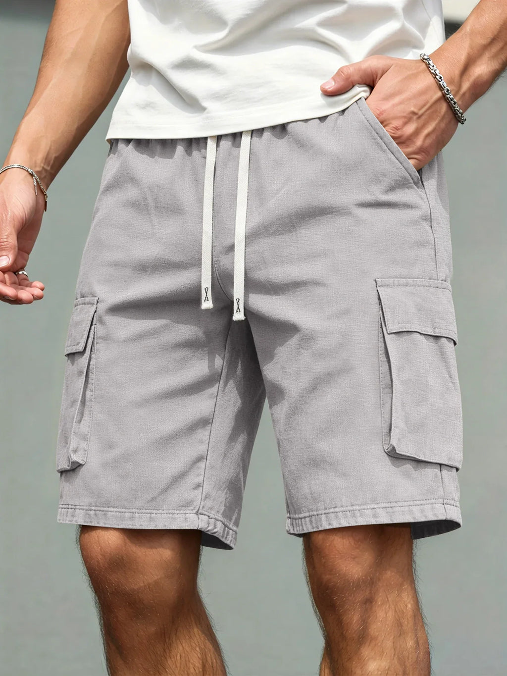 Men's Loose Polyester Straight-Leg Pants, Casual Multi-Pocket Work Shorts, High-End Men's Shorts, Drawstring Daily Work Shorts