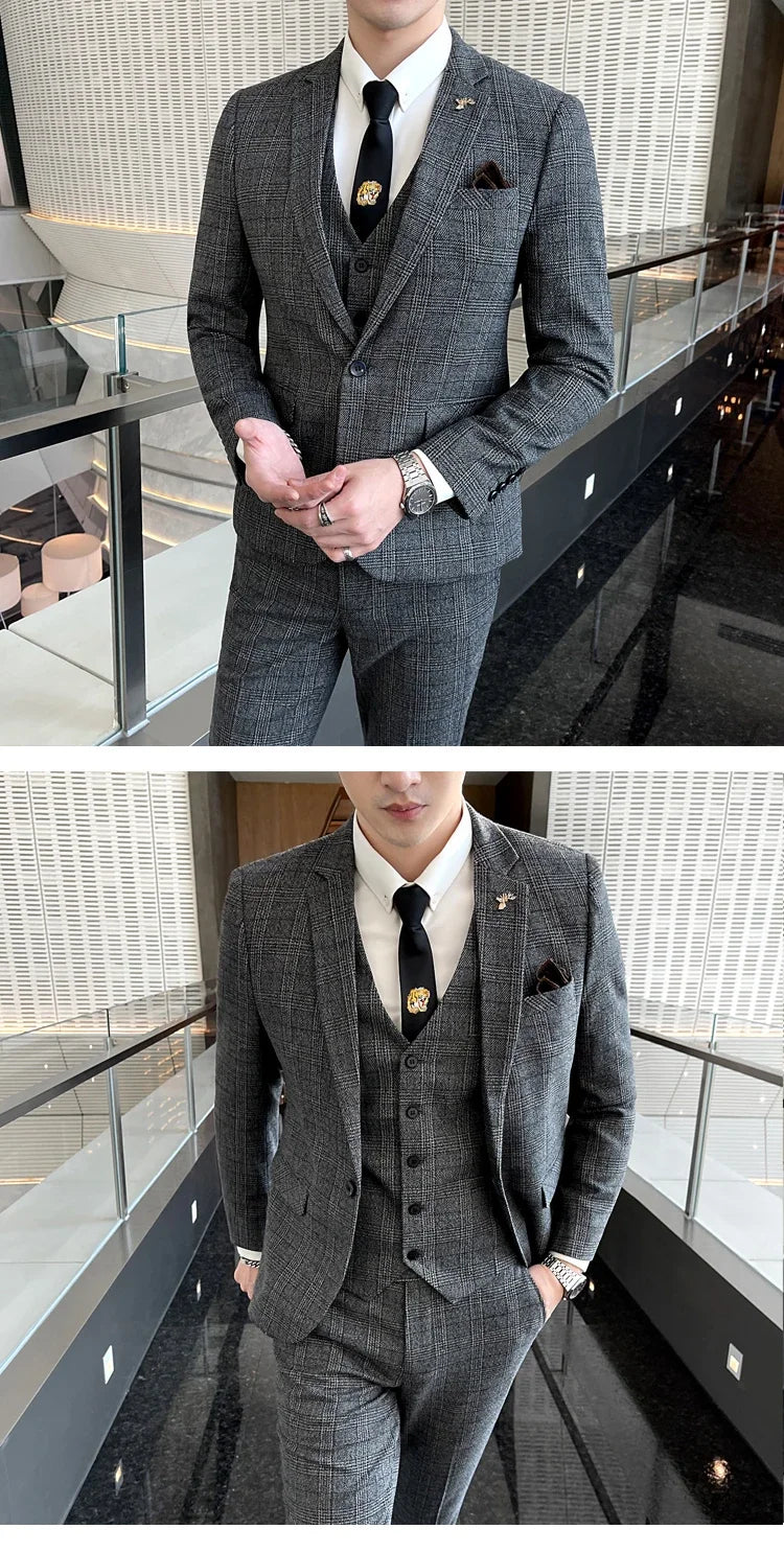 Boutique Suits (Blazer+ Vest + Pants) Men Fashion Hosting Work Business Wedding Casual Linen Art Style Elegant Gentleman's Suit