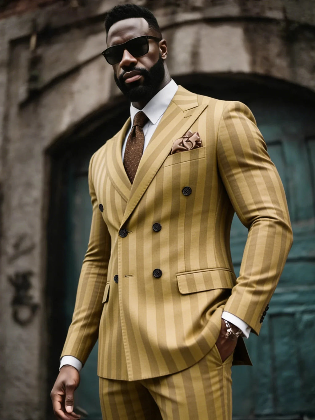 Men's 2-Piece Double Breasted Suit Set - Peak Lapel Striped Tuxedo Jacket & Pants, Formal Business Wedding Prom Attire