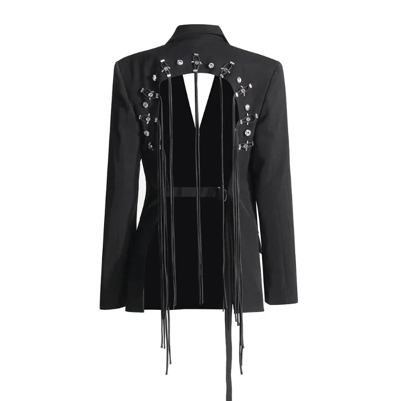 New Arrival Women Back Hollow Out Design Double Breasted Suit Jackets Y2K High Street Streamer Decoration Temperament Coat
