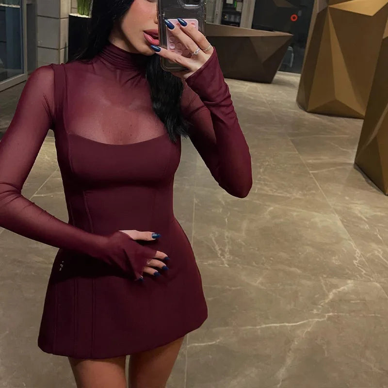 Mesh Patchwork Mini Dress For Women Party Elegant Evening Vestidos Fashion Lace Long Sleeve Turtleneck Slim Short Dresses
