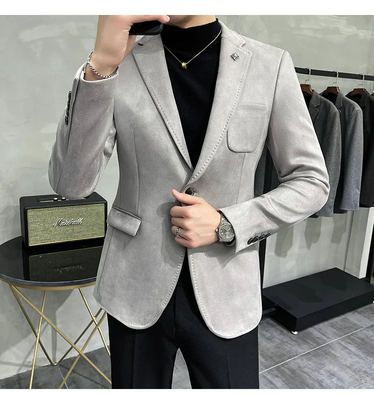 Plus Size 4XL-M Autumn Deerskin Velvet Jackets Blazer 6 Color Men Business Slim Blazers Hommes Casual Wedding Tuxedo Suit Coat