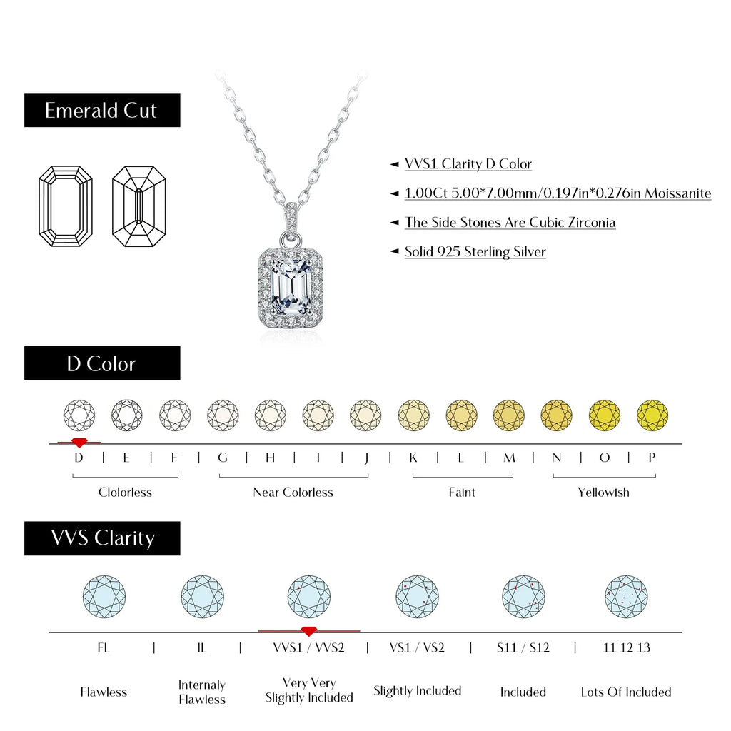 1CT D Color Emerald Cut Moissanite Halo Necklace 925 Sterling Silver Rectangle Wedding Pendant Necklace For Women Jewelry