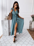 Womens Summer Fashion Maxi Dress Short Sleeve V-Neck Ladies Polka Dot Dress Split For Female Boho Beach Holiday Dress