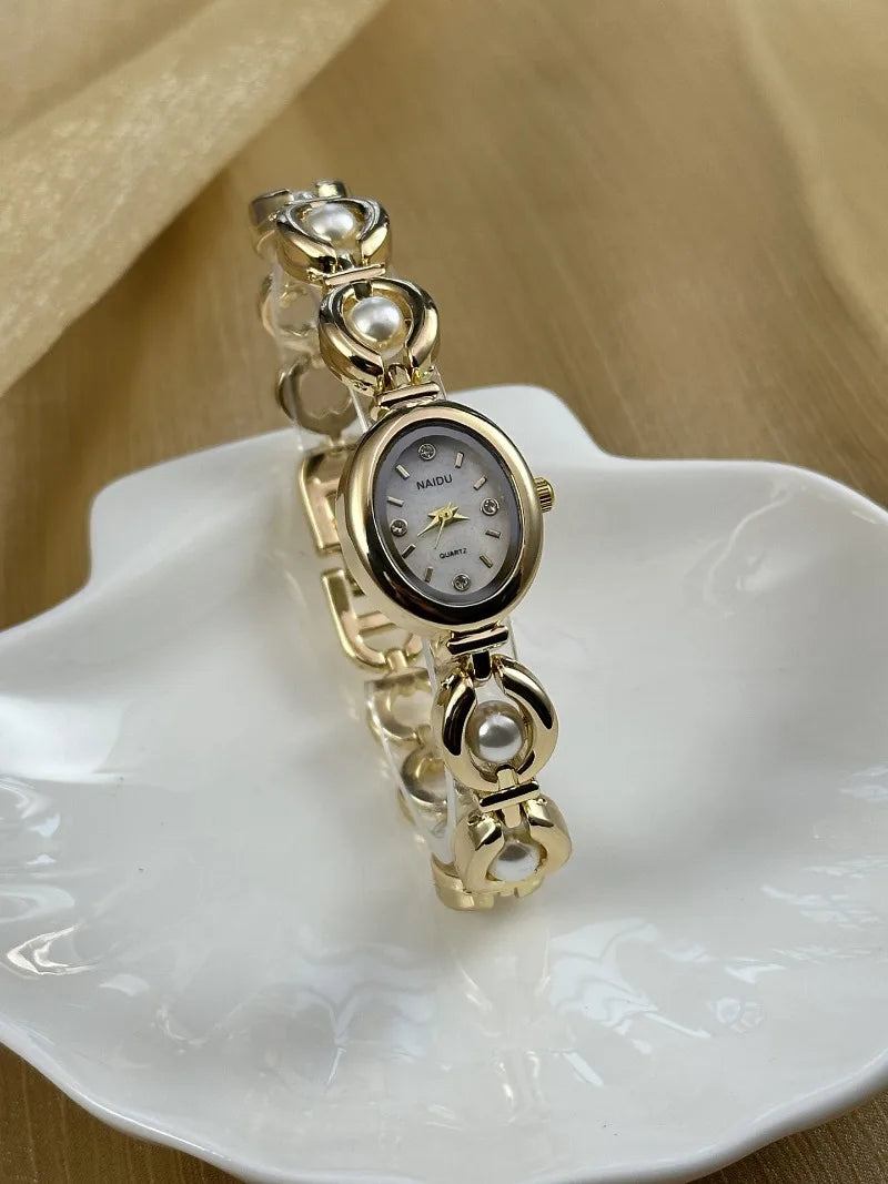 Luxury Pearl Inlaid Bracelet Watch Fashion Women Quartz Watch Brand Oval Dial Dress Wristwatches Dropshipping Relojes Para Mujer