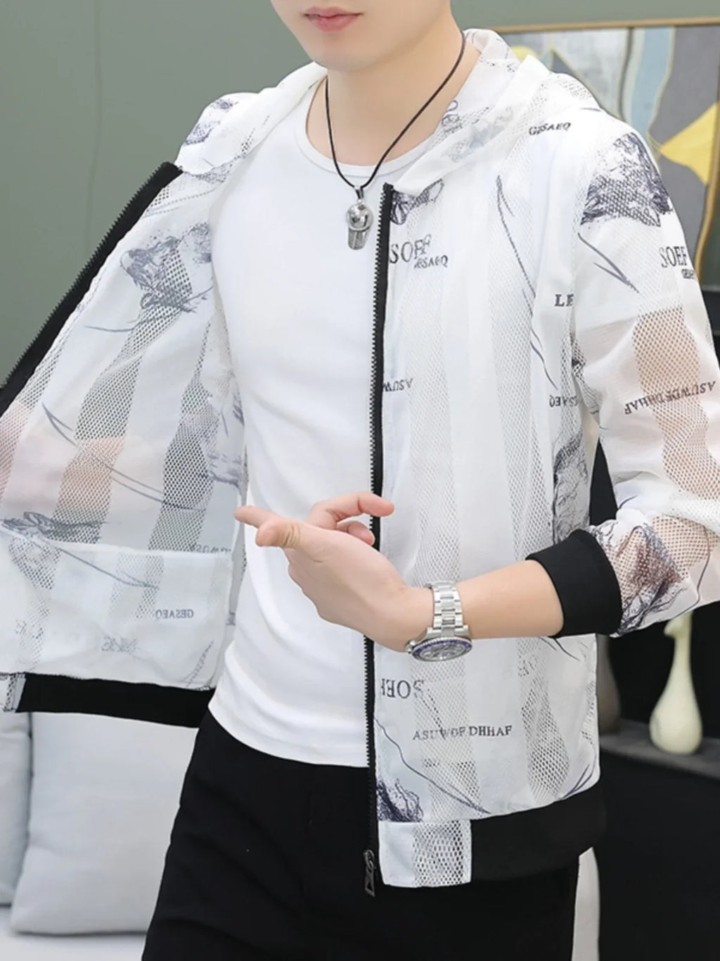 Men's Summer Mesh Sun Protection Clothing Trendy Stripe Print Ice Silk Cool Feeling Breathable Quick Dry Hooded Jacket