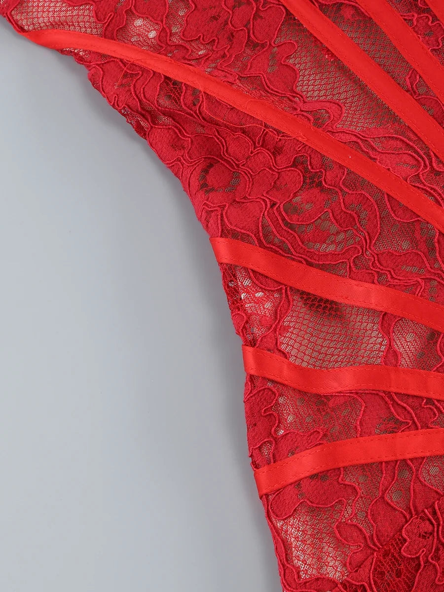 VC Christmas Dress For Women Red Lace Sexy Strapless Sleeveless Slim Supper Short Dress With Lace-Up