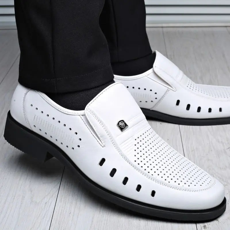 Hollow Breathable in Summer Round Toe Dress Shoes Man Soft Leather Casual Footwear 2025 Style Gentleman New Social Shoe for Men