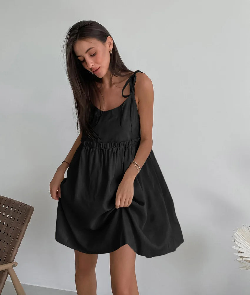 Women's Cotton Linen Spaghetti Strap Mini Dress Summer Loose A-Line Beach Vacation Dress Female Fashion Streetwear Dress