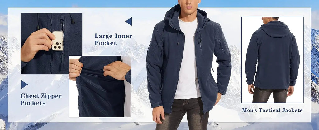 Fall Winter Men's Hooded Fleece Jacket Full Zip Up Soft Warmth Windproof Coat Outdoors Working Hiking Fishing Outerwear