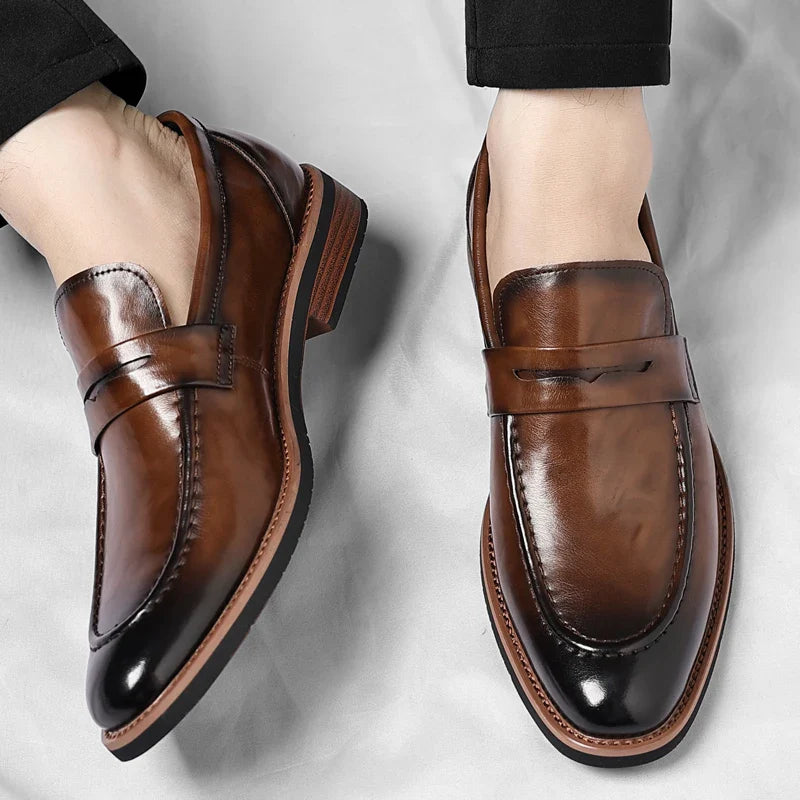 Leather Mens Casual Shoes Leisure Walk Pointed Toe Loafers Thick Bottom and Low Heel Comfy Casual Shoes Classic Business Shoes