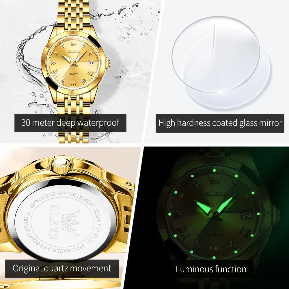 Fashion Golden Watch for Women Stainless Steel Waterproof Women's Watches Elegant Original Luxury Ladies Quartz Wristwatch