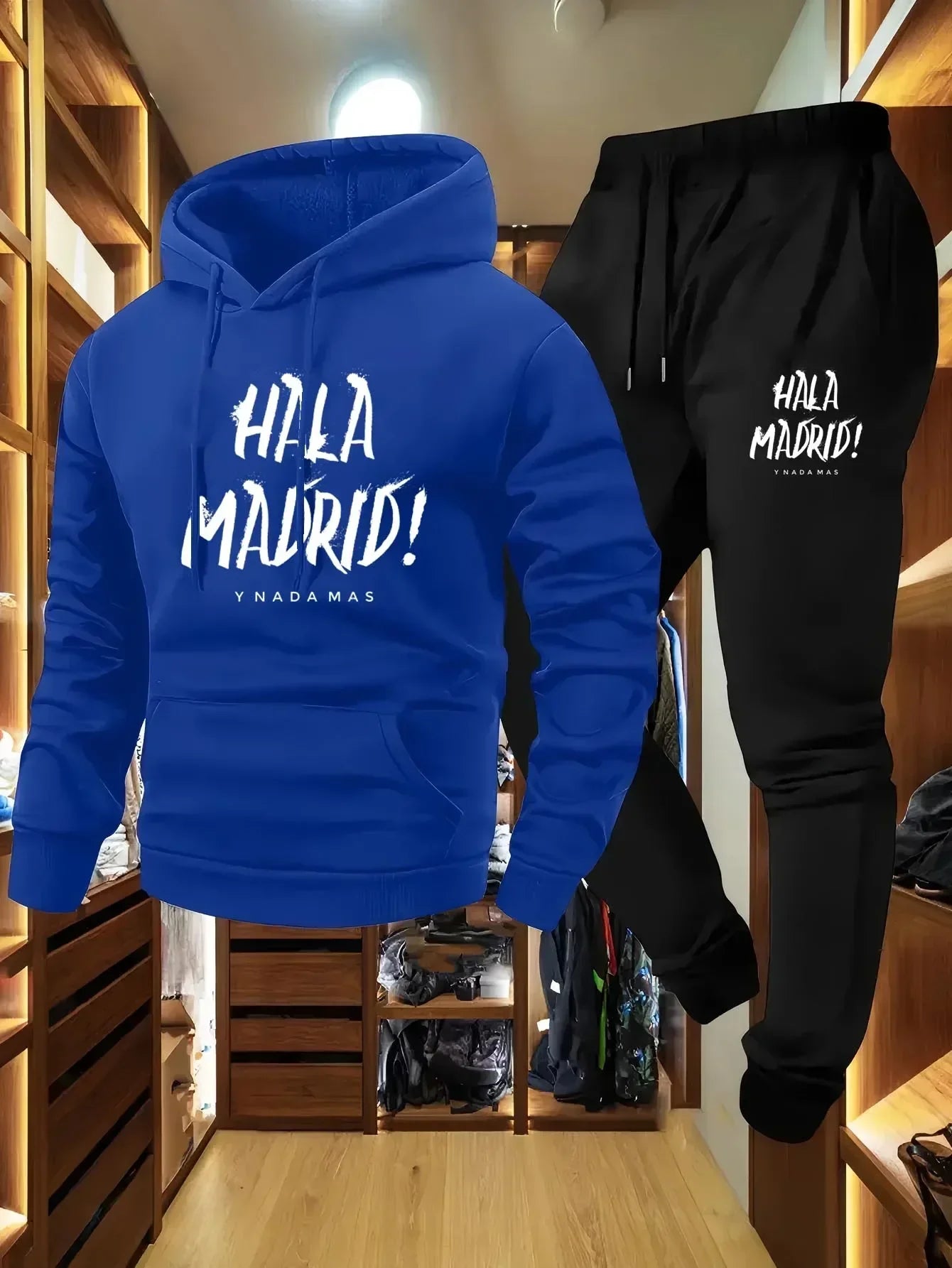Men's Hala Madrid Graphic Print Hoodie And Jogger Set Casual Loose Fit Polyester Knit Pullover with Elastic Material
