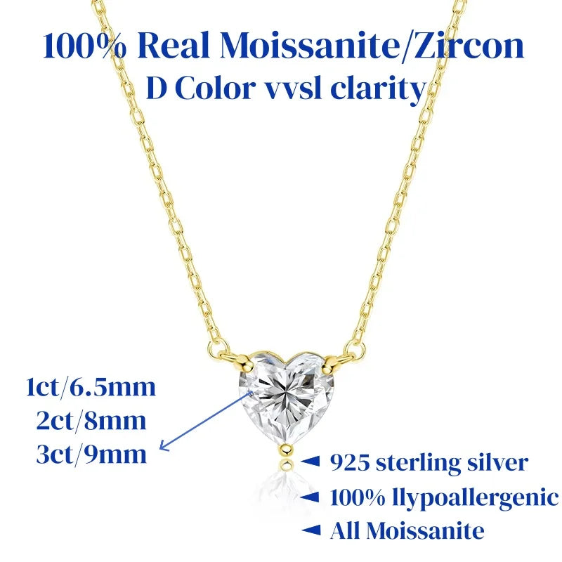 1/2/3ct Heart Cut Moissanite Pendant Necklace S925 Pure Silver Plated 18K Gold Women Necklace jewelry Gift GRA Certified