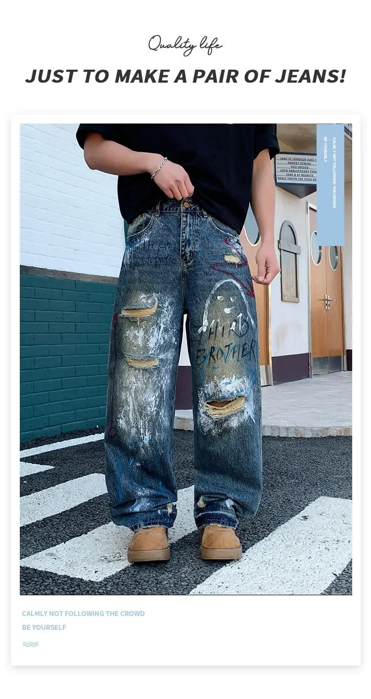 New street graffiti ripped painted jeans for men, straight-leg, loose, wide-leg, trendy brand, stylish high-end