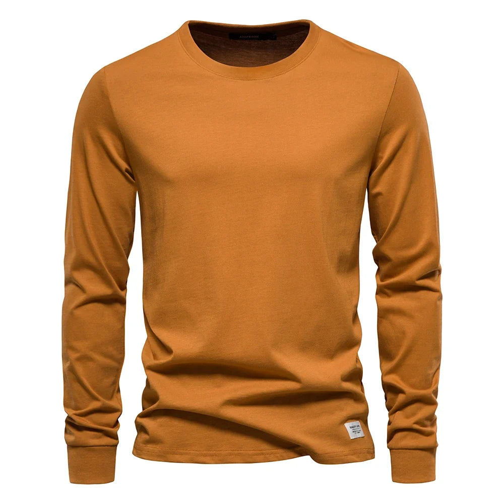 Solid Color Cotton T Shirt Men Casual O-neck Long Sleeved Mens Tshirts Spring Autumn High Quality Basic T-shirt Male