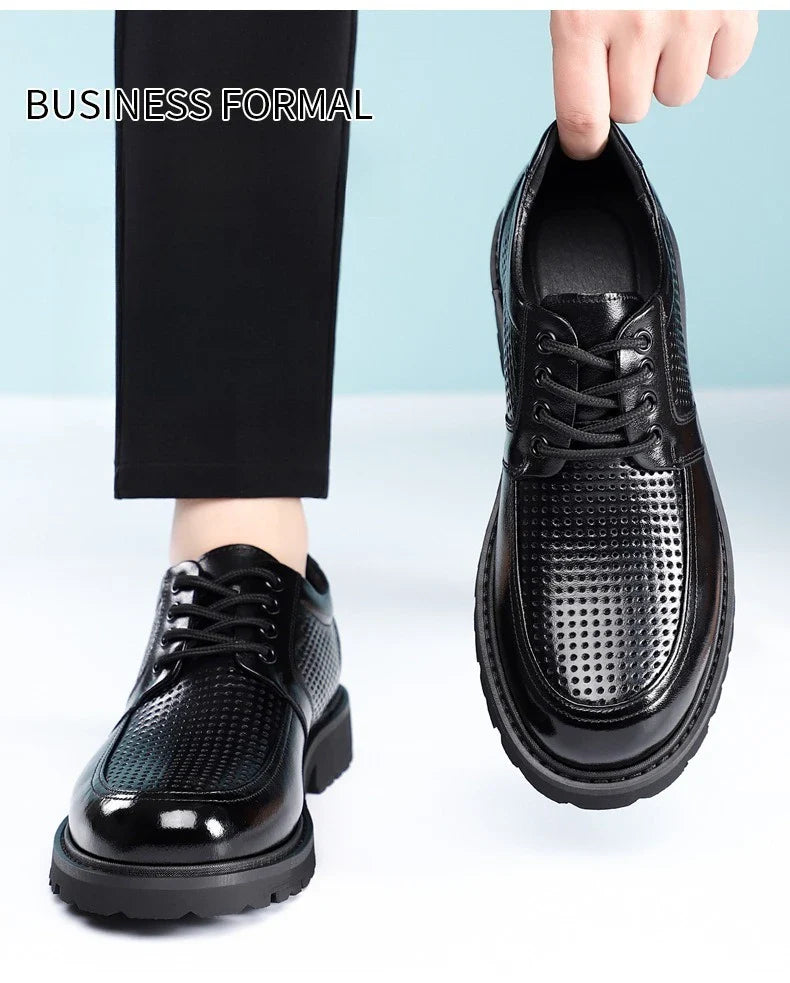 2026 Summer New Hallow Leather Shoes for Men Black Fashion Business Dress Shoes Male Lace Designer Platform Shoe Man