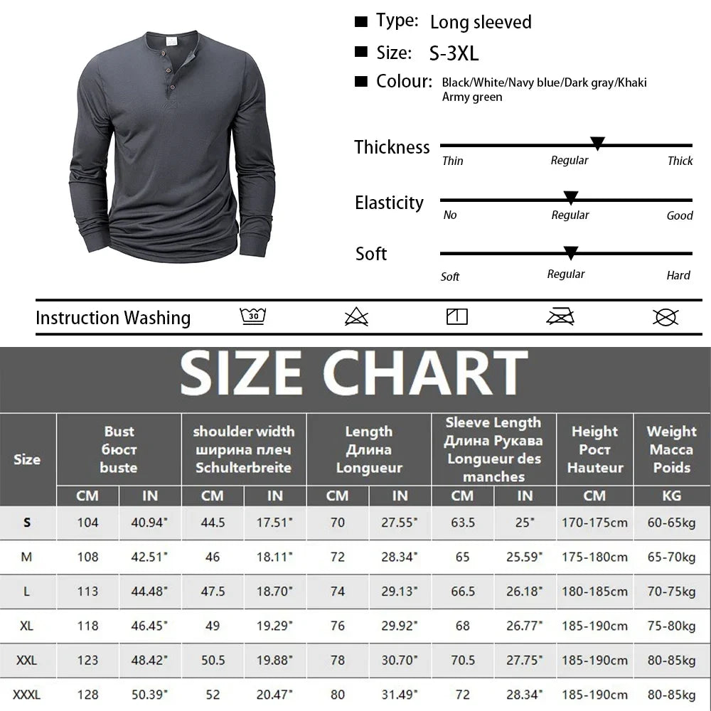 Men's Henery Neck Button Long Sleeve T Shirt Solid Color Spring Summer Breathable Tshirt Fashion Casual Slim Tops Classic Shirts