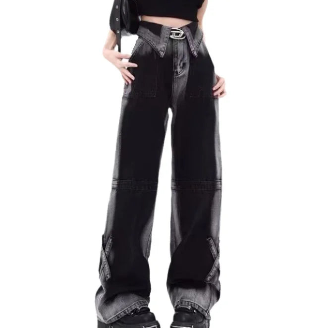 American Style Color Block Spicy Girl Wide Leg Jeans