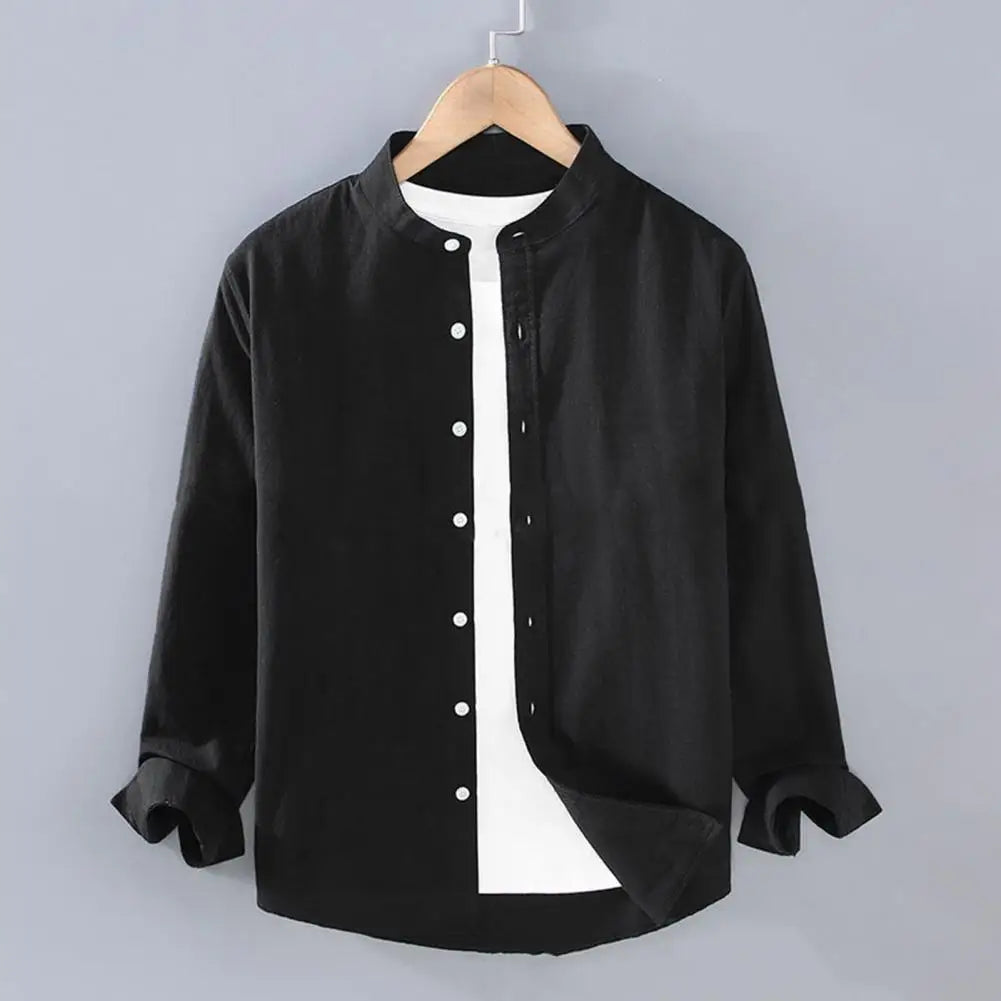 Flax Men Spring And Summer Stand Collar Long Sleeve Fashionable Men's Shirt Cotton Linen Shirt for Men Vintage Vacation Shirts