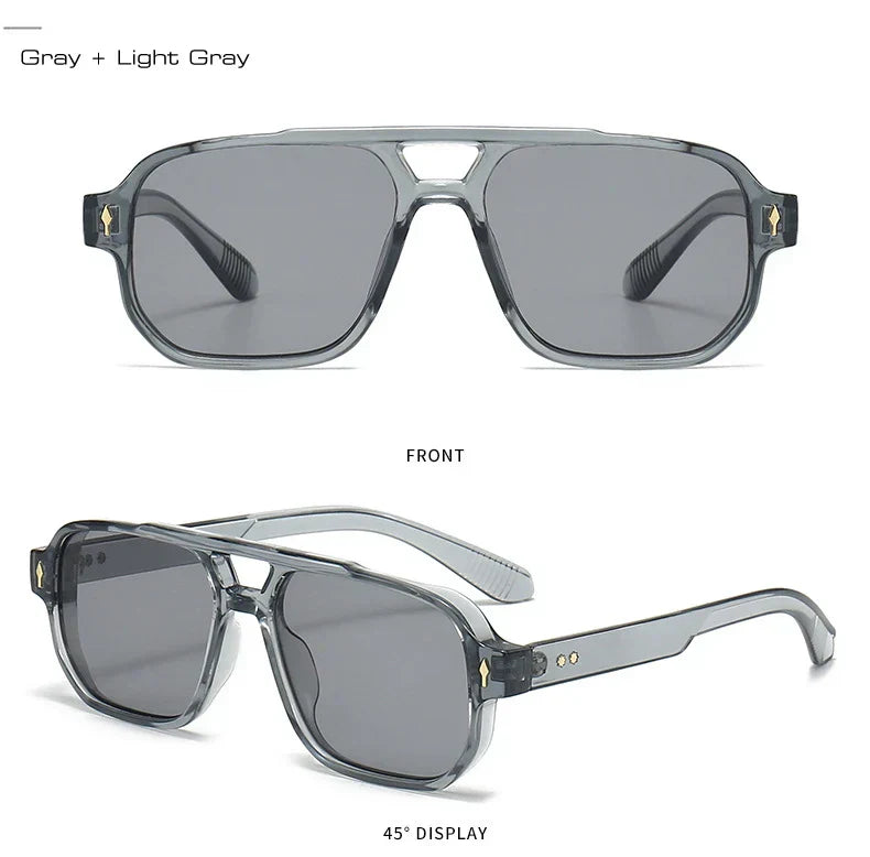 Vintage Double Bridges Men Square Sunglasses Fashion Clear Ocean Lens Eyewear Women Trending Rivets Sun Glasses UV400