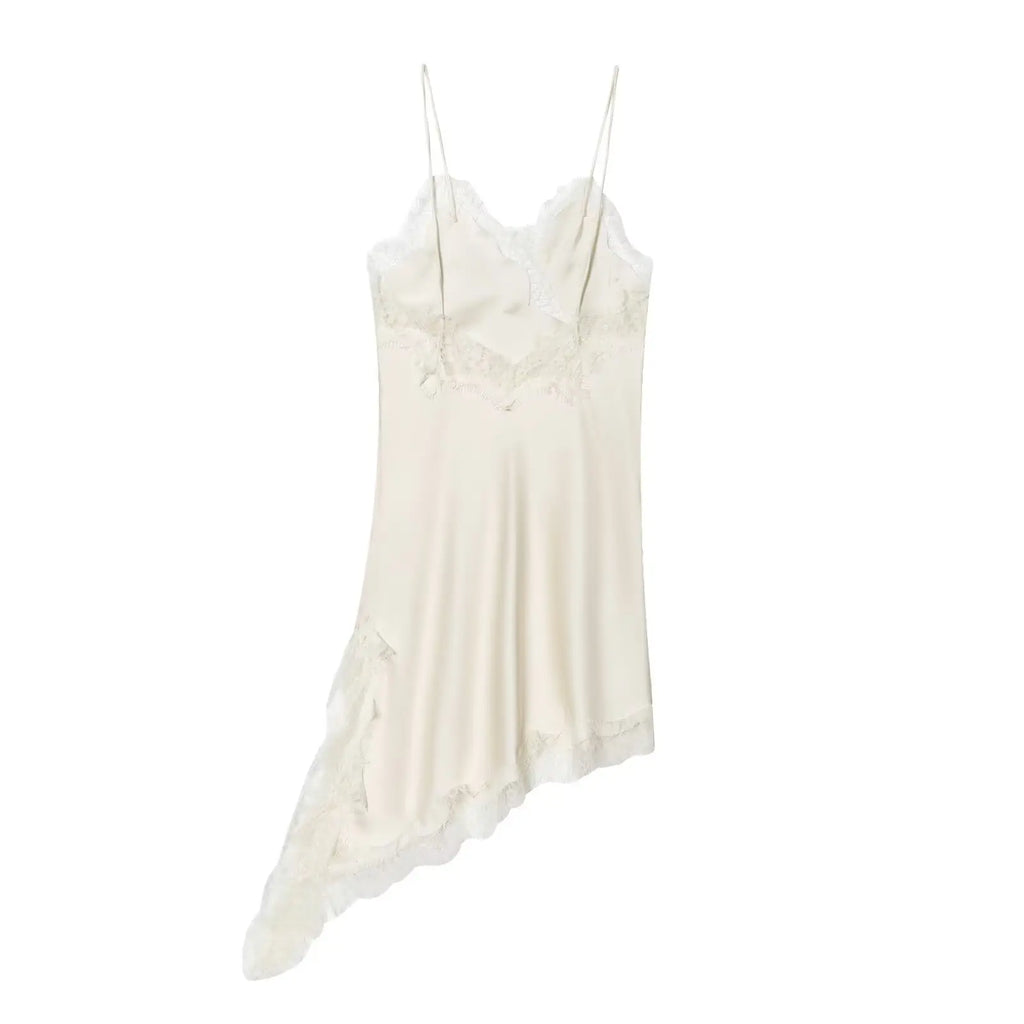 Summer Women Fashion Asymmetry Lace Decorate Dress Female Sexy Sleeveless Backless Halter Neck Collar Beach Party Dress