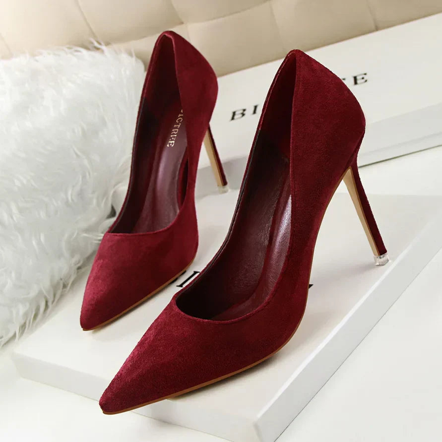 Women 9cm High Heels Yellow Burgundy Pumps Plus Size Stripper Suede Escarpins Lady Wedding Bridal Scarpins Green Blue Prom Shoes