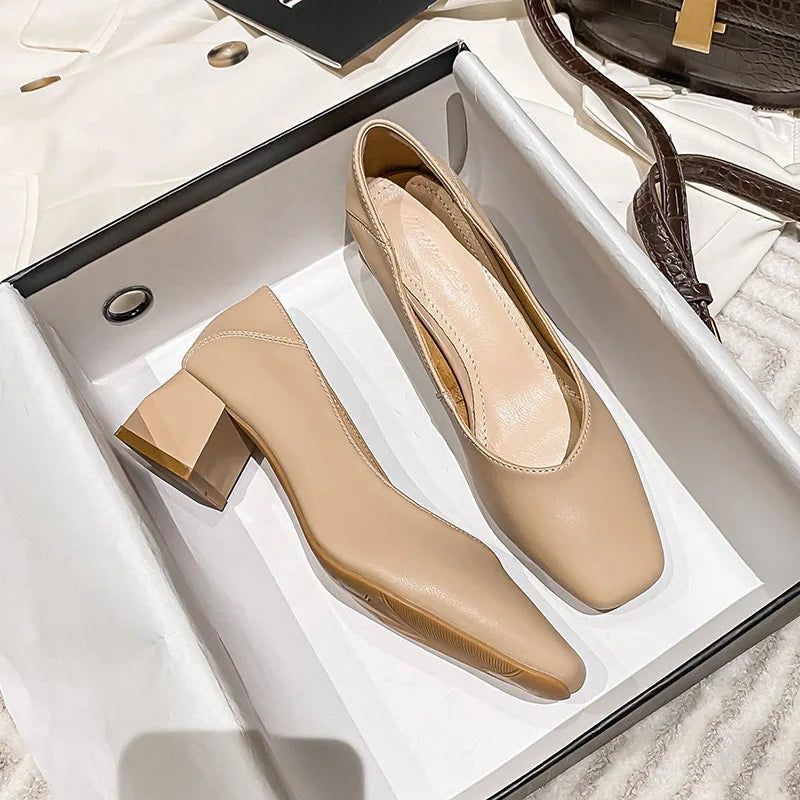 genuine leather med-high heels shoes for women square toe pumps cowhide zapatos mujer elegantes tacones bajos OL shoes size 43