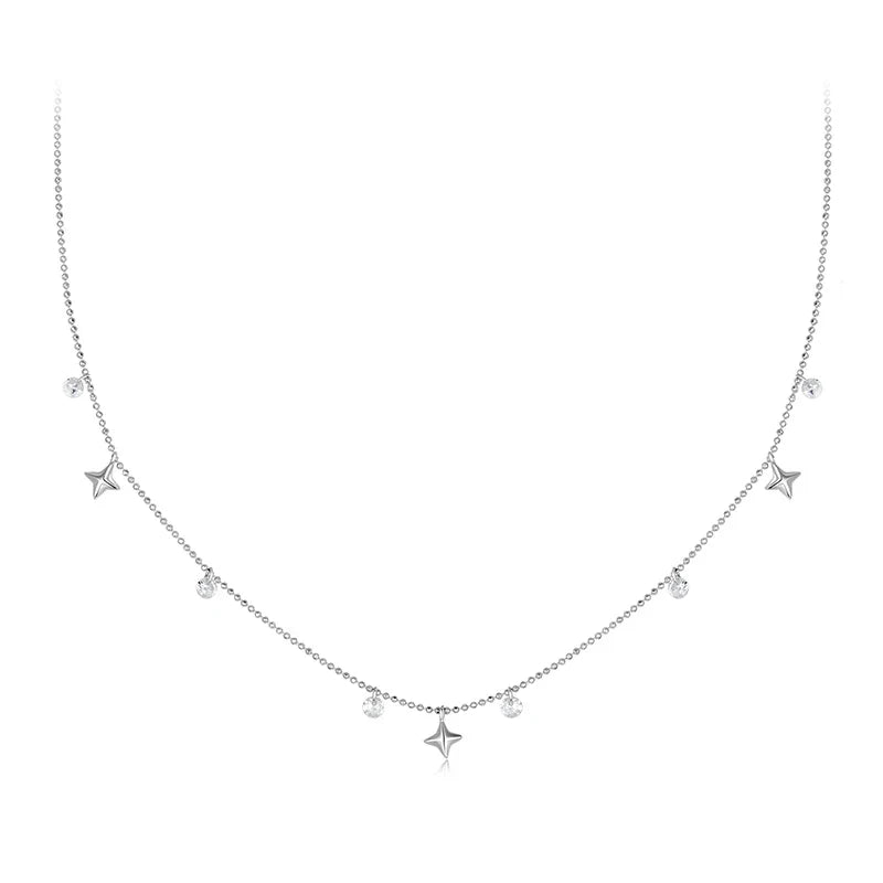 Genuine 925 Sterling Silver Dainty Starry Sky Tassel Necklace for Women, Cute Star Necklaces Christmas Jewel BSN414