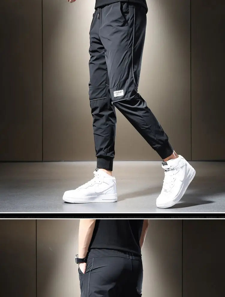 Summer 2023 Men's Casual Pants Black Grey Drawstring Joggers Lightweight Breathable Quick Dry Trousers Ice Silk Sportswear Man