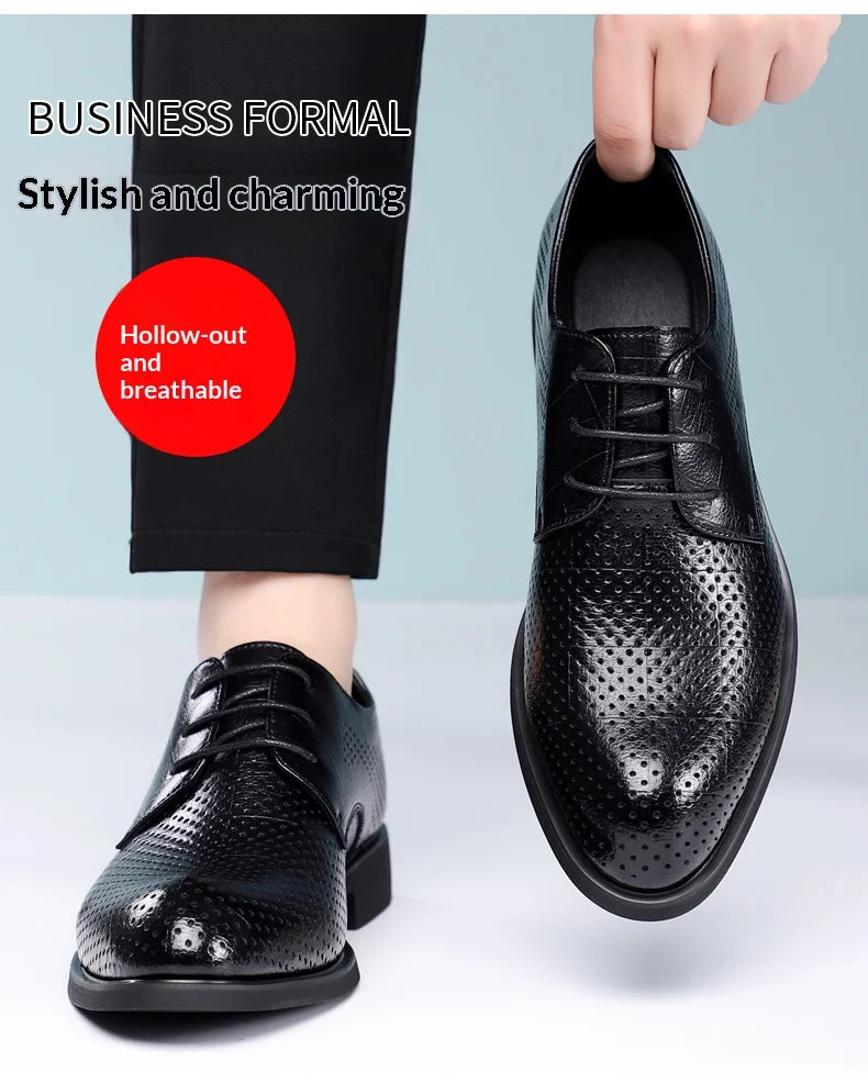 Men Spring Summer Hollow Out Breathable Elevator Shoes 6cm Hidden Height Increasing Business Formal Dress Office Wedding Shoes