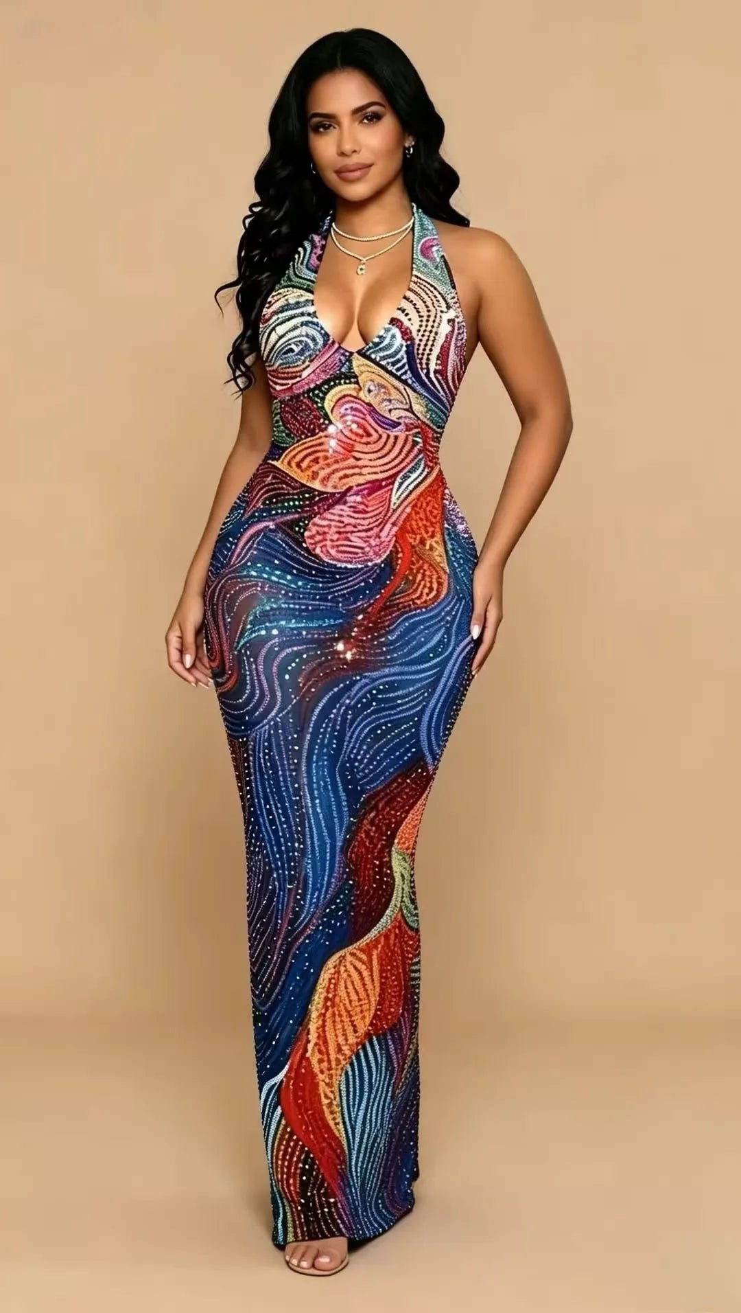 Plus Size Sexy Sheer Mesh Dress with Low Back & Colorful Rhinestones - Glamorous Nightclub & Party Gown for Women