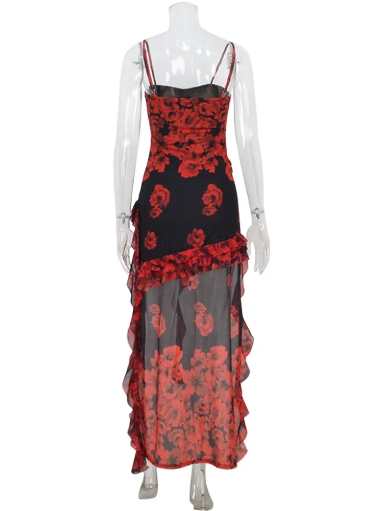 2025 Summer Fashion Women's Straps Dresses Print Asymmetrical Chiffon Floral Streetwear Skinny Trailing Yk2 Vestidos