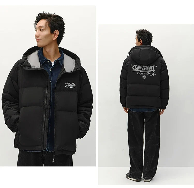 Down Jacket Men Winter 80% Down Fill Loose Hooded Outerwear Textured Street Trendy Letter Printed Top Men'S Clothing