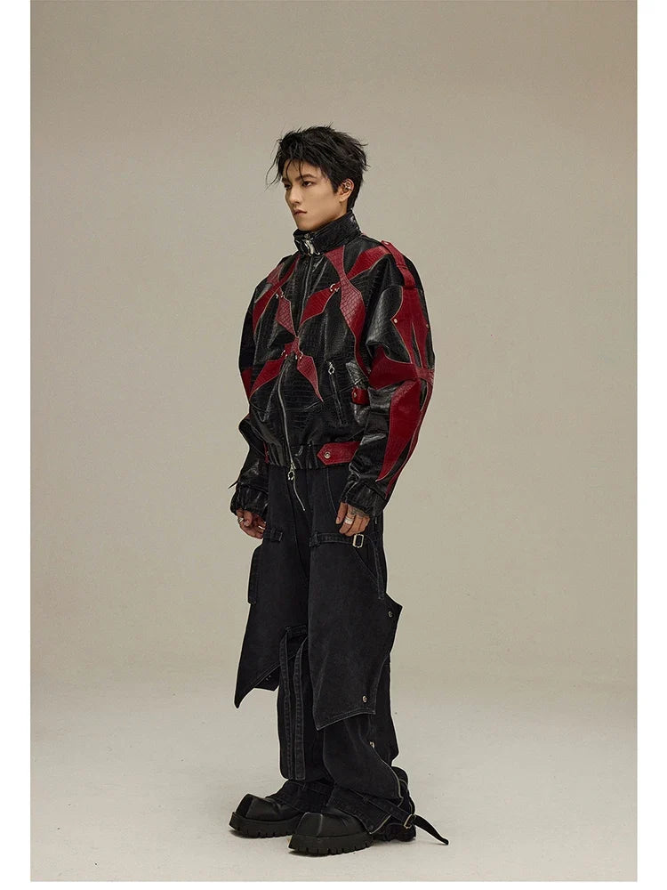 Spring Autumn Cool Handsome Crocodile Print Patchwork Pu Leather Jacket Men Color Block Luxury Designer Clothes 2024