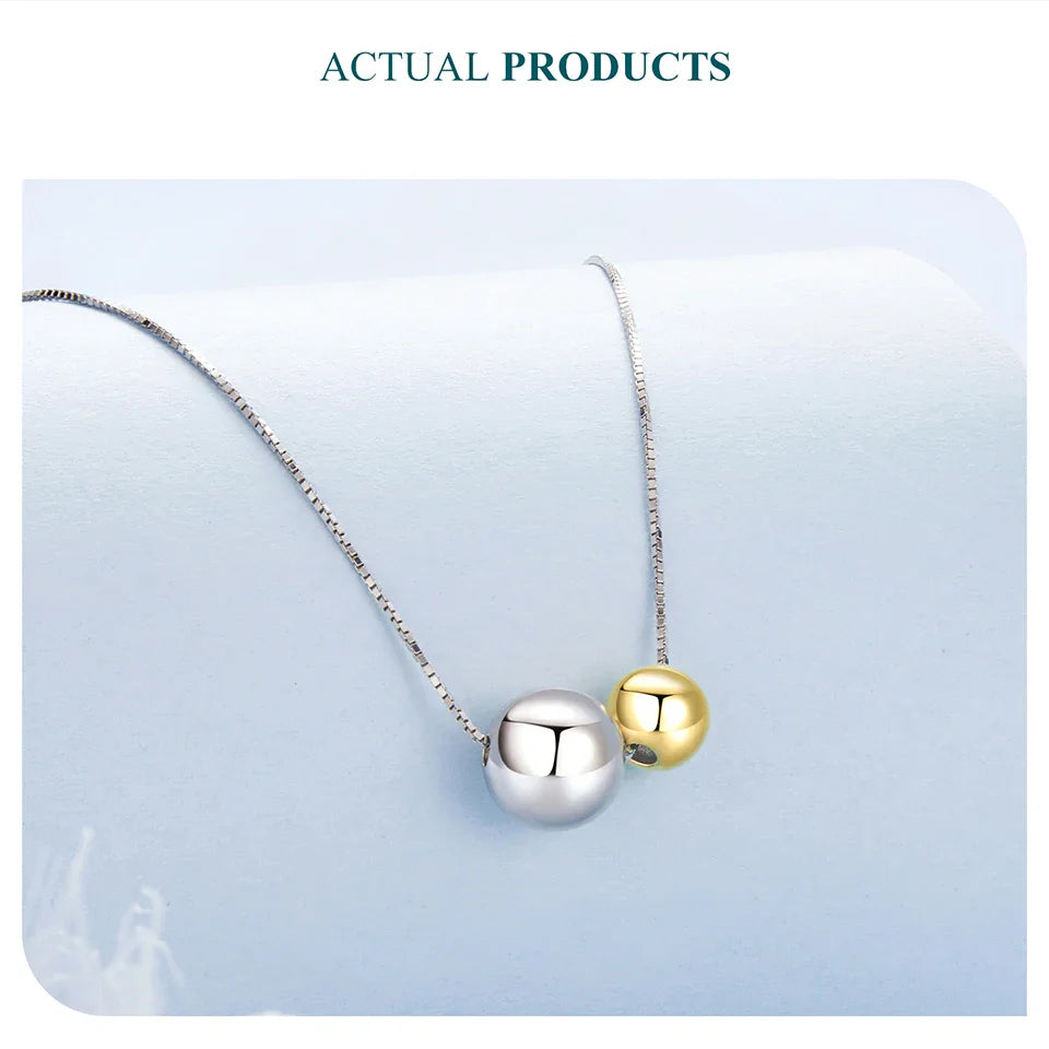 BAMOER 925 Sterling Silver Round Ball Beads Pendant Necklace Fashion Waterproof Metal Daily Gold Plated Trendy Jewelry for Women