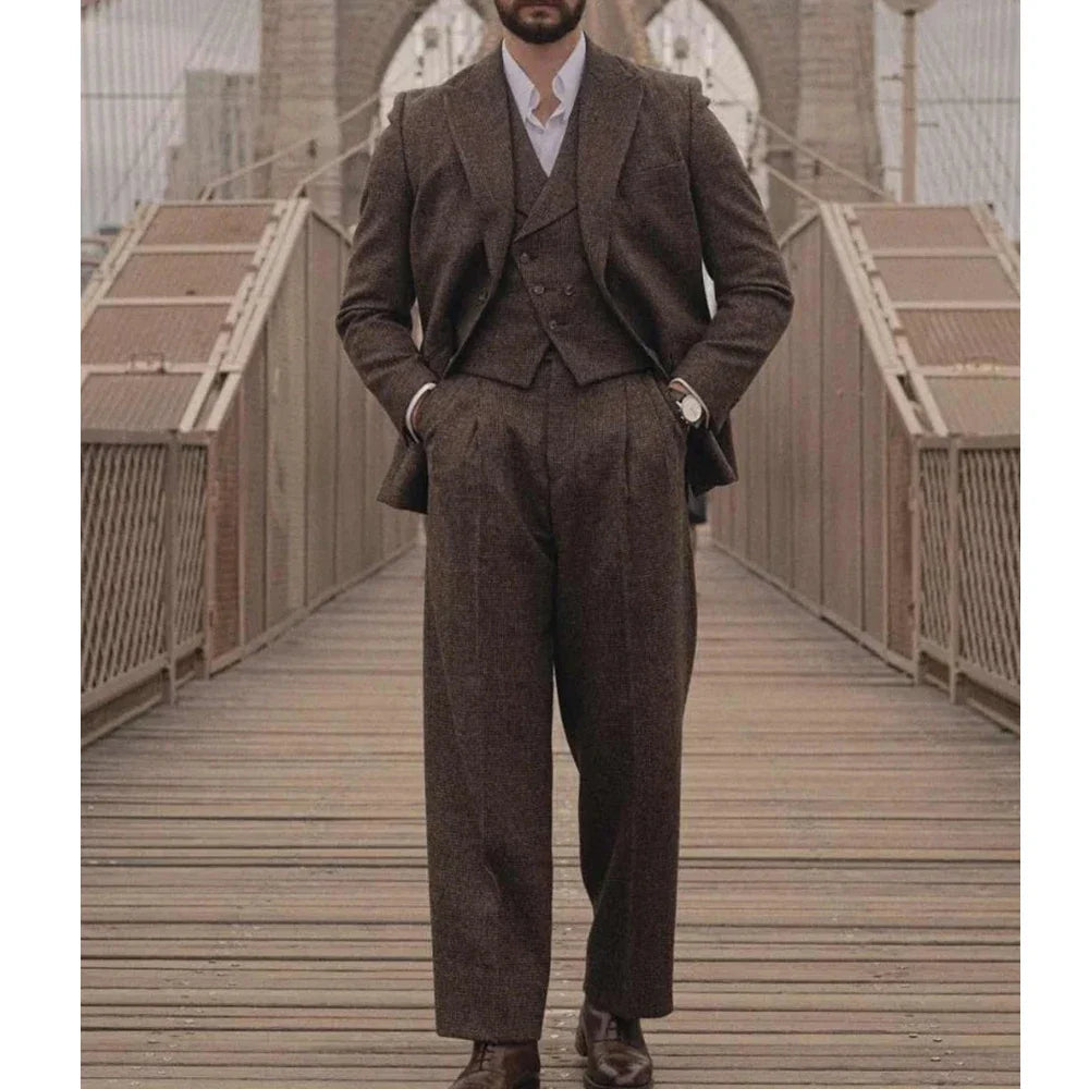 Italian Vintage Wool Bblend Men's suit 3pc Set Suit Jacket Vest Pants High Quality Men's Wool Suit Set Sports Casual Suit Coat